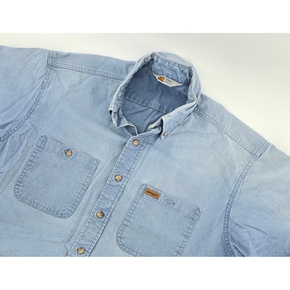 Carhartt Vintage Short Sleeve Shirt Gorpcore Light Wash Denim Mens Size XL Blue
